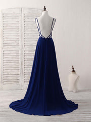 Prom Dresses For Adults, Simple Blue Chiffon Long Prom Dress Backless Blue Evening Dress