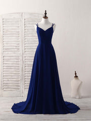 Prom Dresses With Shorts, Simple Blue Chiffon Long Prom Dress Backless Blue Evening Dress