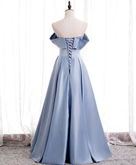 Formal Dress With Sleeves, Simple Blue Off Shoulder Satin Long Prom Dress Blue Bridesmaid Dress