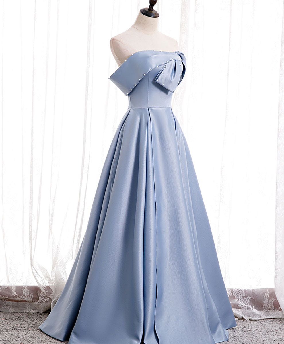 Formal Dress Wear For Ladies, Simple Blue Off Shoulder Satin Long Prom Dress Blue Bridesmaid Dress