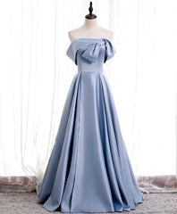Formal Dresses With Sleeve, Simple Blue Off Shoulder Satin Long Prom Dress Blue Bridesmaid Dress