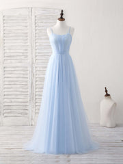 Bridesmaids Dresses With Sleeves, Simple Blue Tulle Long Prom Dress Blue Bridesmaid Dress