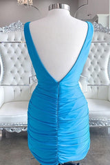 Evening Dresses Stores, Simple Blue V Neck Bodycon Mini Dress Party Gowns
