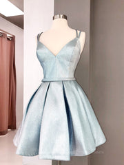 Prom Dress A Line Prom Dress, Simple blue v neck satin short prom dress, blue homecoming dress