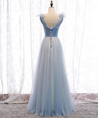 Evening Dress Shop, Simple Blue V Neck Tulle Long Prom Dress, Blue Formal Party Dresses