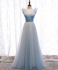 Evening Dress Elegant, Simple Blue V Neck Tulle Long Prom Dress, Blue Formal Party Dresses