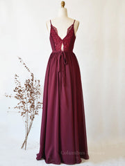 Elegant Prom Dress, Simple burgundy chiffon lace long prom dress, burgundy evening dress