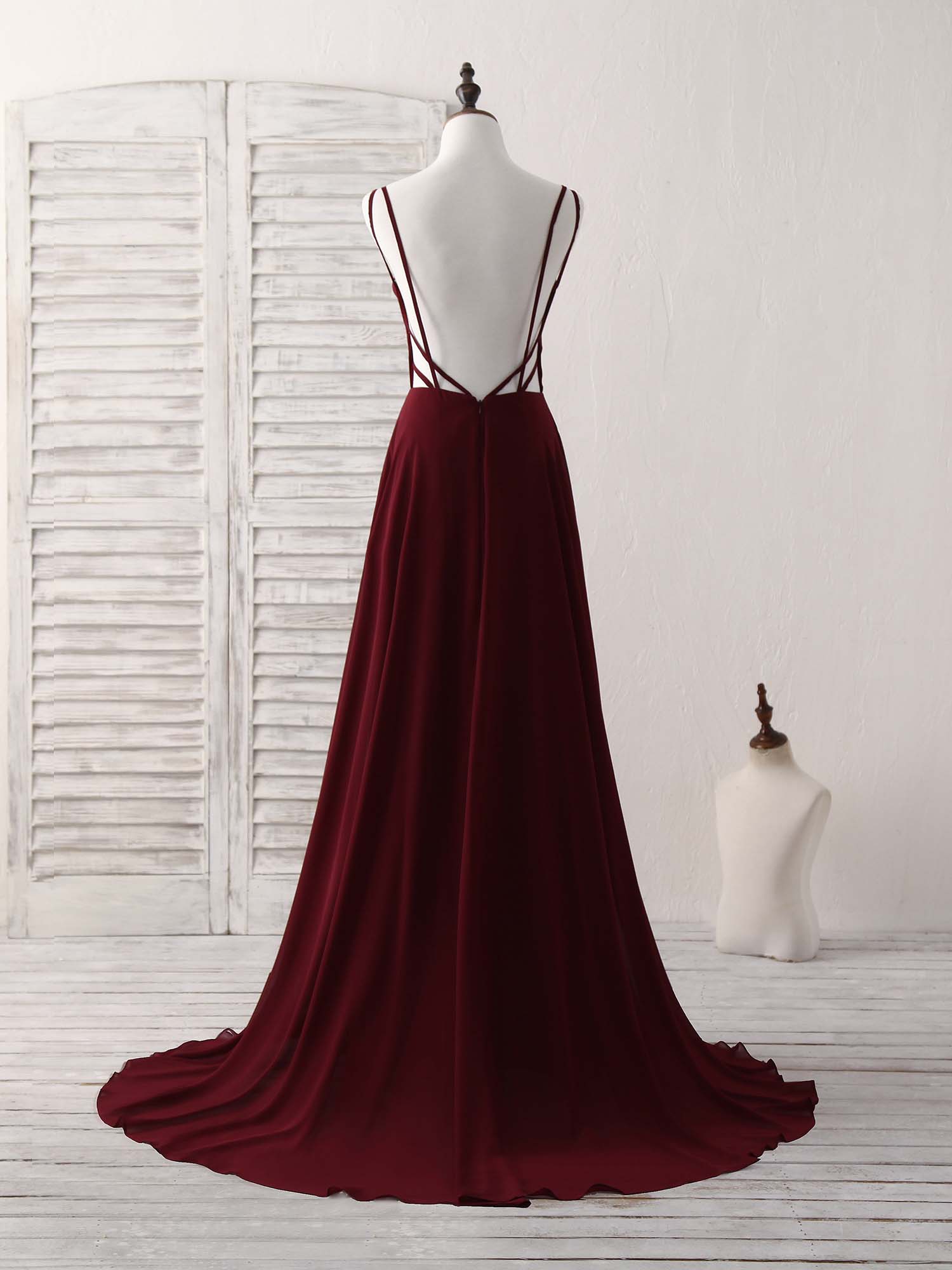 Fall Wedding, Simple Burgundy Chiffon Long Prom Dress Backless Evening Dress