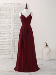 Prom Dress With Tulle, Simple Burgundy Chiffon Long Prom Dress, Burgundy Evening Dress