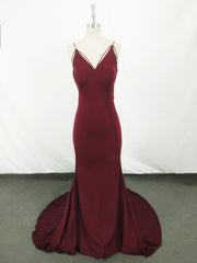 Prom Dress V Neck, Simple Burgundy Mermaid Long Prom Dress, Burgundy Evening Dress