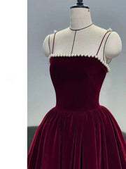 Party Dress A Line, Simple burgundy tea length prom dress, burgundy homecoming dress