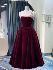 Party Dress Ball, Simple burgundy tea length prom dress, burgundy homecoming dress