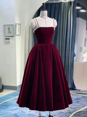 Party Dresses Ideas, Simple burgundy tea length prom dress, burgundy homecoming dress