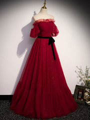Wedding Pictures Ideas, Simple Burgundy Tulle Long Prom Dress, A line Burgundy Evening Dresses
