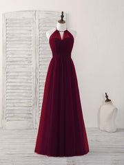 Prom Dress Sweetheart, Simple Burgundy Tulle Long Prom Dress, Burgundy Bridesmaid Dress