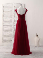 Long Sleeve Dress, Simple Burgundy Tulle Long Prom Dress Burgundy Bridesmaid Dress