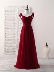 Summer Wedding Color, Simple Burgundy Tulle Long Prom Dress Burgundy Bridesmaid Dress