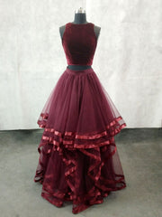 Prom Dressed 2022, Simple Burgundy Two Pieces Tulle Long Prom Dress, Burgundy Evening Dress