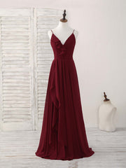 Bridesmaid Dress Fall Colors, Simple Burgundy V Neck Chiffon Long Prom Dress, Bridesmaid Dress