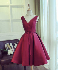 Formal Dress Outfit Ideas, Simple Burgundy V Neck Short Prom Dress, Burgundy Evening Dress