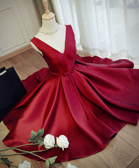 Formal Dress Elegant, Simple Burgundy V Neck Short Prom Dress, Burgundy Evening Dress