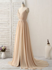 Party Dress Ideas For Curvy Figure, Simple Champagne Long Prom Dresses V Neck Chiffon Bridesmaid Dress
