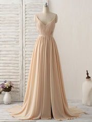 Stylish Outfit, Simple Champagne Long Prom Dresses V Neck Chiffon Bridesmaid Dress