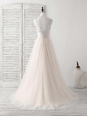Prom, Simple Champagne Tulle Long Prom Dress Tulle Evening Dress