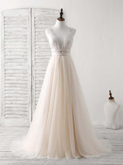 Prom Dress Two Pieces, Simple Champagne Tulle Long Prom Dress Tulle Evening Dress
