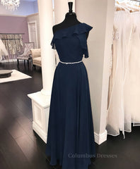 Party Dress Pattern Free, Simple chiffon dark blue long prom dress, bridesmaid dress