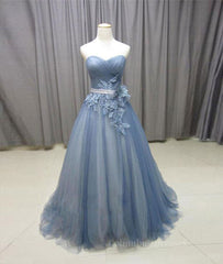 Winter Formal Dress, Simple gray blue tulle lace applique long prom dress, tulle evening dress