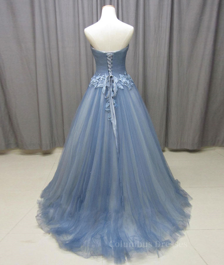 Wedding Theme, Simple gray blue tulle lace applique long prom dress, tulle evening dress
