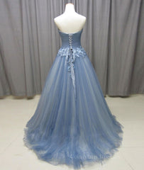 Wedding Theme, Simple gray blue tulle lace applique long prom dress, tulle evening dress