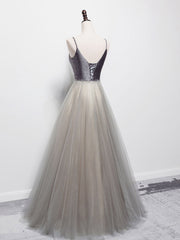 Party Dresses In Store, Simple Gray V Neck Tulle Long Prom Dress, Gray A line Gray Formal Dresses