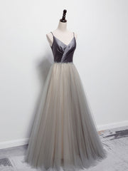Party Dresses 2026, Simple Gray V Neck Tulle Long Prom Dress, Gray A line Gray Formal Dresses