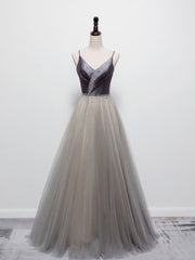 Party Dress In Store, Simple Gray V Neck Tulle Long Prom Dress, Gray A line Gray Formal Dresses