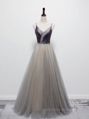 Party Dresses 2055, Simple gray v neck tulle long prom dress, gray tulle formal dress