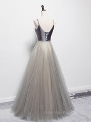 Party Dress Long, Simple gray v neck tulle long prom dress, gray tulle formal dress