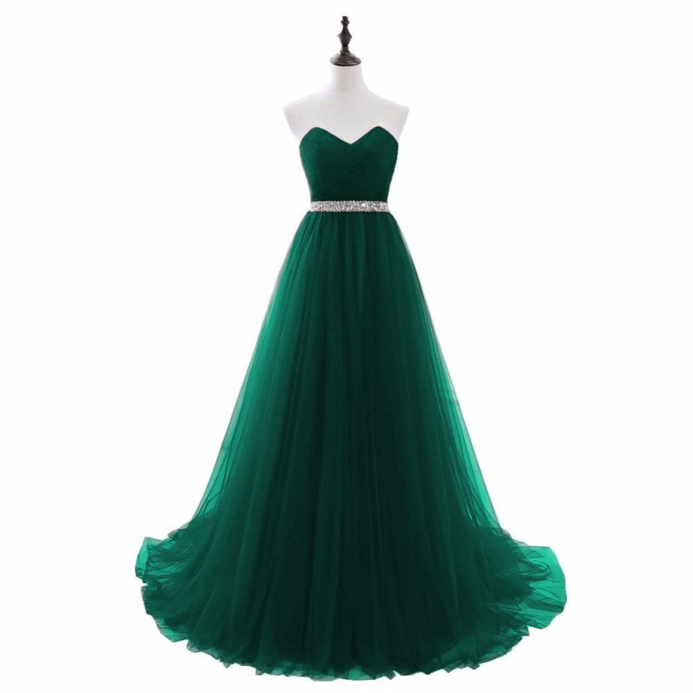 Bridesmaid Dress Long, Simple Green Beaded Waist Tulle A-line Floor Length Party Dress, Green Formal Dress
