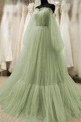 Bridesmaids Dresses Mismatched, Simple Green Tulle Prom Dress with Bishop Sleeves,Dresses for Party Events