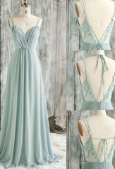 Short Wedding Dress, SIMPLE GREEN V NECK CHIFFON LACE LONG PROM DRESS LACE BRIDESMAID DRESS