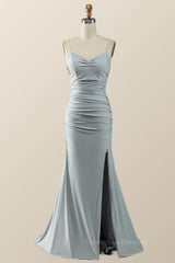 Gown Dress Elegant, Simple Grey Straps Mermaid Pleated Long Formal Dress