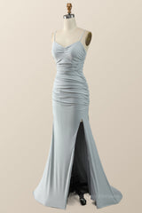 Tights Dress Outfit, Simple Grey Straps Mermaid Pleated Long Formal Dress