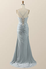 Prom 2063, Simple Grey Straps Mermaid Pleated Long Formal Dress