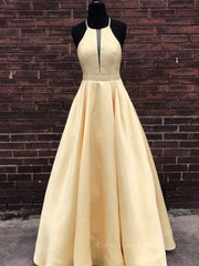 Prom Dress For Sale, Simple Halter Yellow Satin Long Prom Dresses 2019, Yellow Formal Dresses Long Evening Dresses
