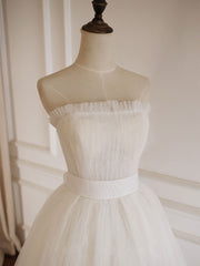 Party Dresses Weddings, Simple  Lace Tea Length White Prom Dress, Tulle Lace Bridesmaid Dress