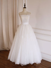 Party Dress Online Shopping, Simple  Lace Tea Length White Prom Dress, Tulle Lace Bridesmaid Dress