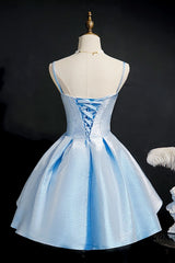 Prom Dress Fitted, Simple Light Blue Lace Up Back Spaghetti Straps Short Homecoming Dresses,Formal Dresses