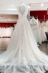 Wedding Dresse Styles, Simple Long A-line Tulle Lace V Neck Appliques Lace Open Back Wedding Dress