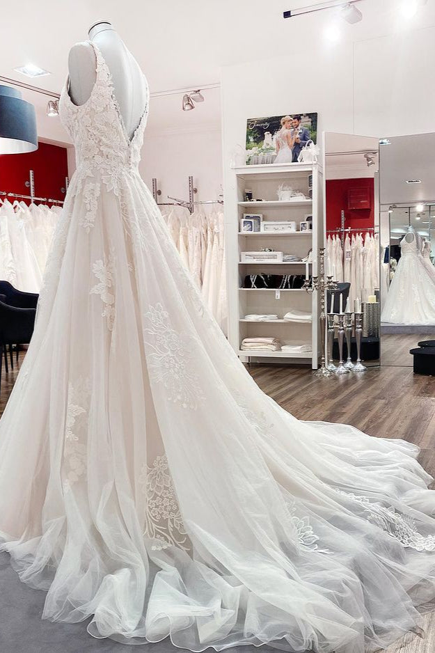 Weddings Dresses Styles, Simple Long A-line Tulle Lace V Neck Appliques Lace Open Back Wedding Dress